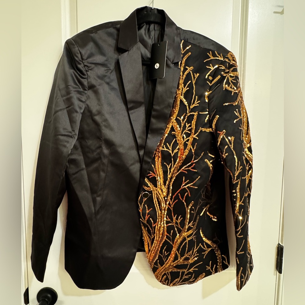 Black Gold Sequin Embellished Blazer Jacket Size L New With Tags